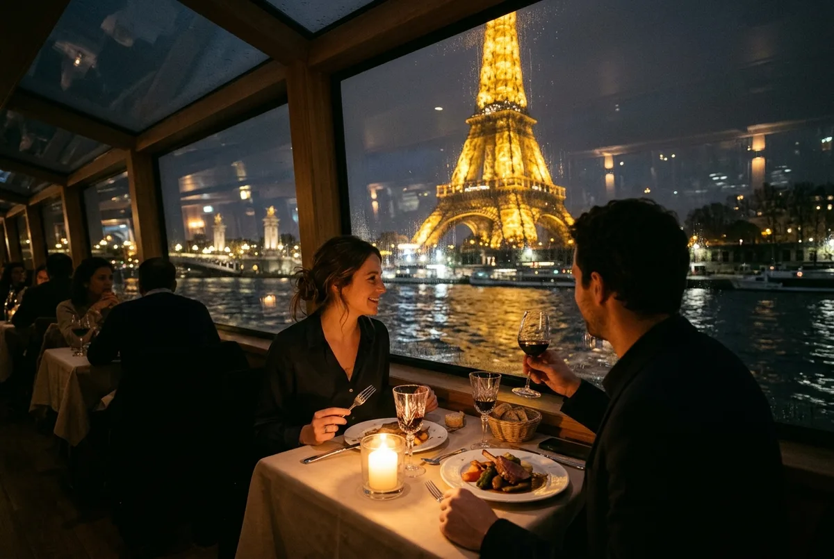 Parella sopant a una taula de finestral a bord d'un creuer amb sopar pel Sena amb la Torre Eiffel il·luminada passant per fora, ambient de vespre