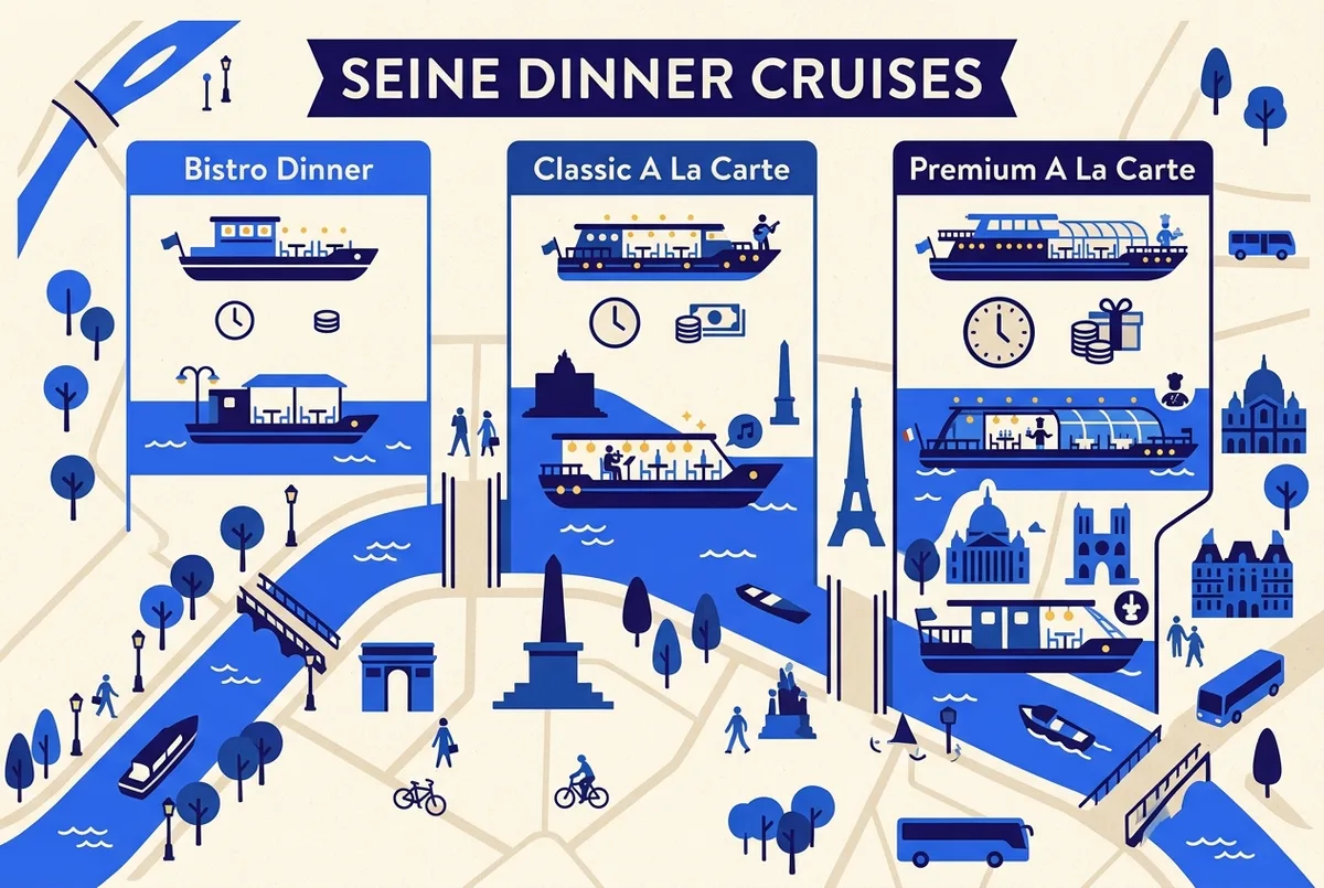Simple infographic comparing three Paris dinner cruise price tiers on the Seine: Bistro Dinner, Classic A La Carte and Premium A La Carte, with generic price and duration icons