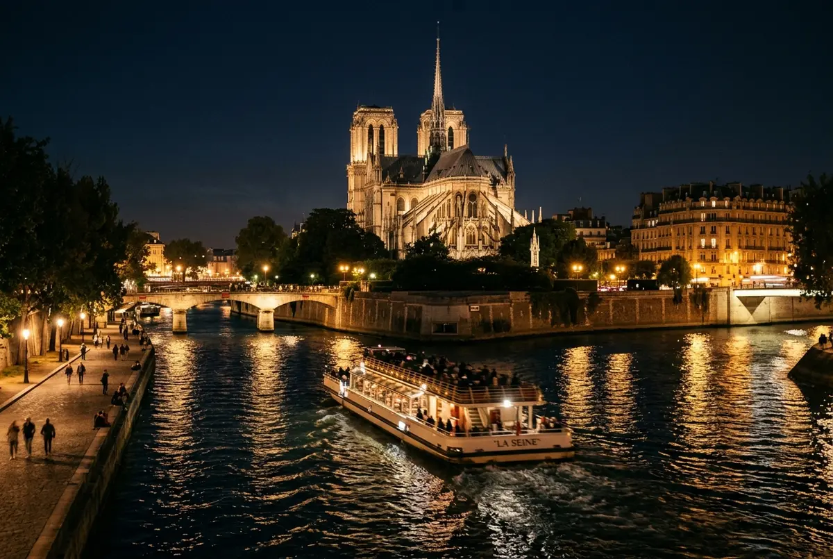 Crociera serale sulla senna di notte con un battello che passa davanti alla Cattedrale di Notre Dame illuminata, riflessi sull'acqua scura, luci della città a lunga esposizione