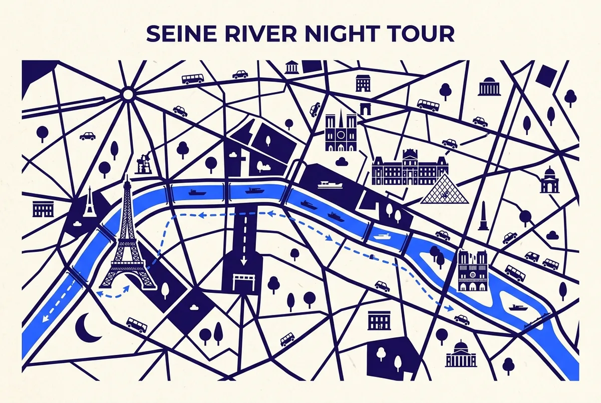 Mappa semplice che mostra il percorso di una crociera serale sulla senna dalla Torre Eiffel davanti a Notre Dame, al Louvre e ritorno, con icone generiche dei monumenti e un simbolo di luna per la partenza serale