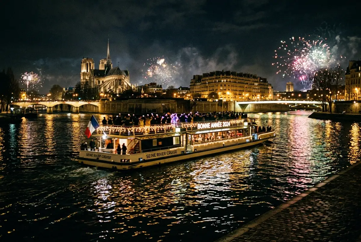Beleuchtetes Boot auf einer Paris Silvester Bootsfahrt auf der Seine, funkelnde Stadtlichter und ferne Feuerwerksfunken spiegeln sich im dunklen Wasser