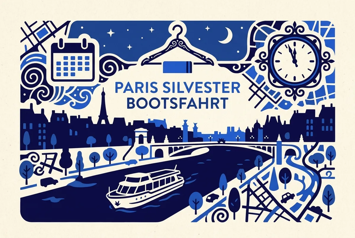 Einfache Infografik mit drei Icons für eine Paris Silvester Bootsfahrt: Kalender für frühes Buchen, Kleiderbügel für den Dresscode, Uhr für Mitternacht, vor einer dunklen Seine-Silhouette