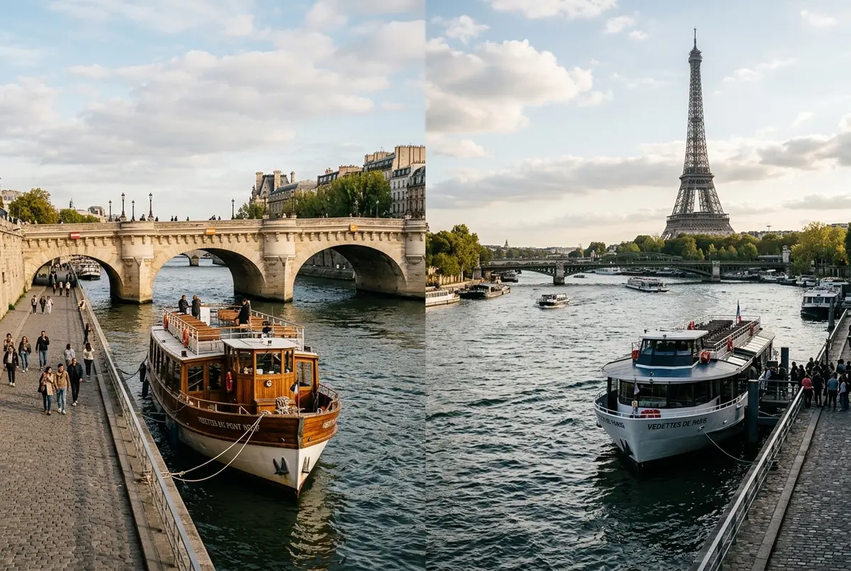 Two small Seine cruise boats from different Vedettes companies moored at separate Paris docks, one near Pont Neuf and one near the Eiffel Tower