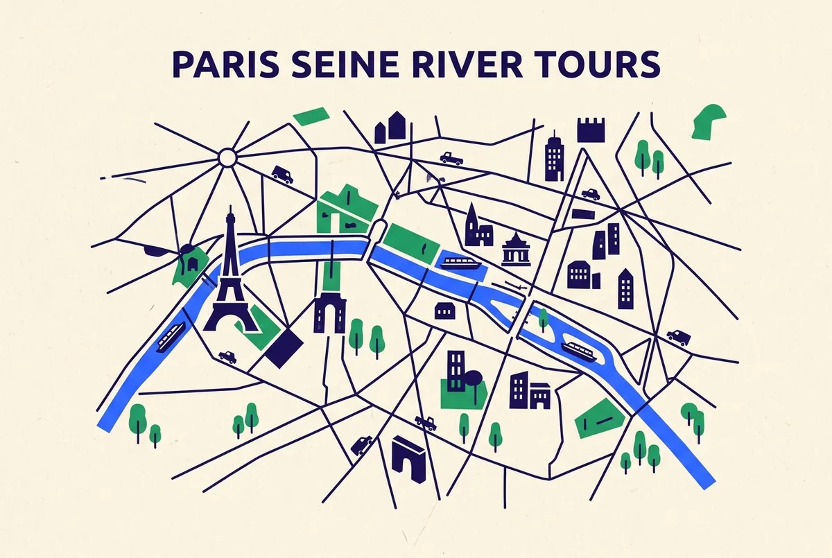 Simple map graphic marking two Seine cruise boarding docks in Paris: Square du Vert-Galant near Pont Neuf and Port de Suffren near the Eiffel Tower