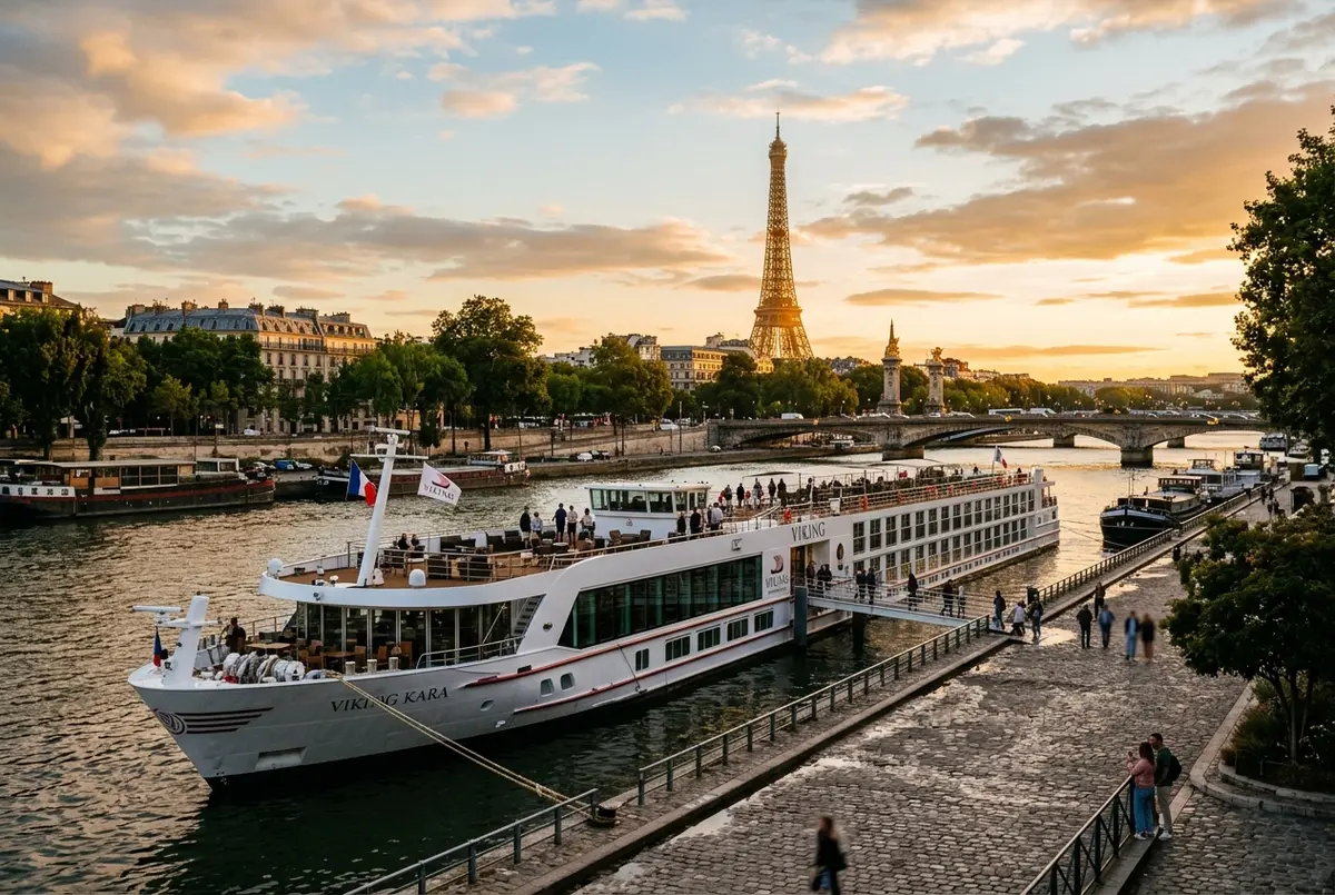 Long white river cruise ship docked on the Seine near central Paris at golden hour, evoking a viking river cruise paris departure point