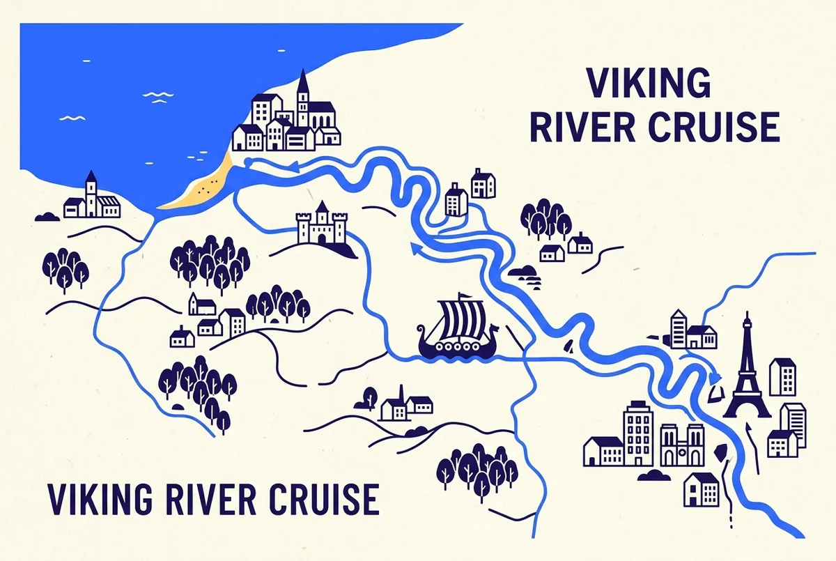 Simple route map infographic showing a viking river cruise paris to normandy itinerary, with a generic ship icon tracing the Seine from Paris out to the Normandy coast and back