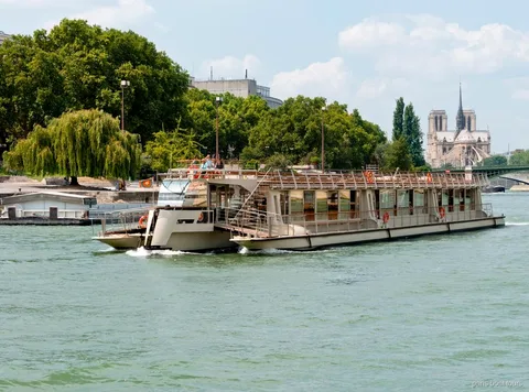 Barco del pase oficial del Sena navegando entre orillas verdes con Notre-Dame al fondo en un paseo en barco por París