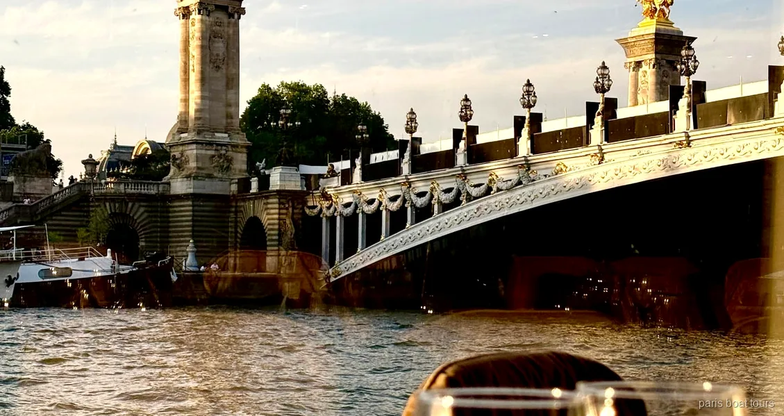 Seine Bistro-Dinner-Kreuzfahrt Boot fährt am beleuchteten Eiffelturm vorbei