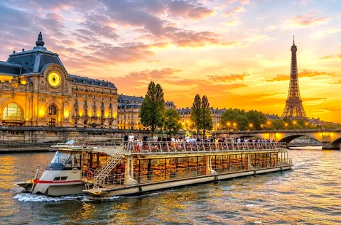 Illuminated Seine River night cruise boat lit up near the Eiffel Tower